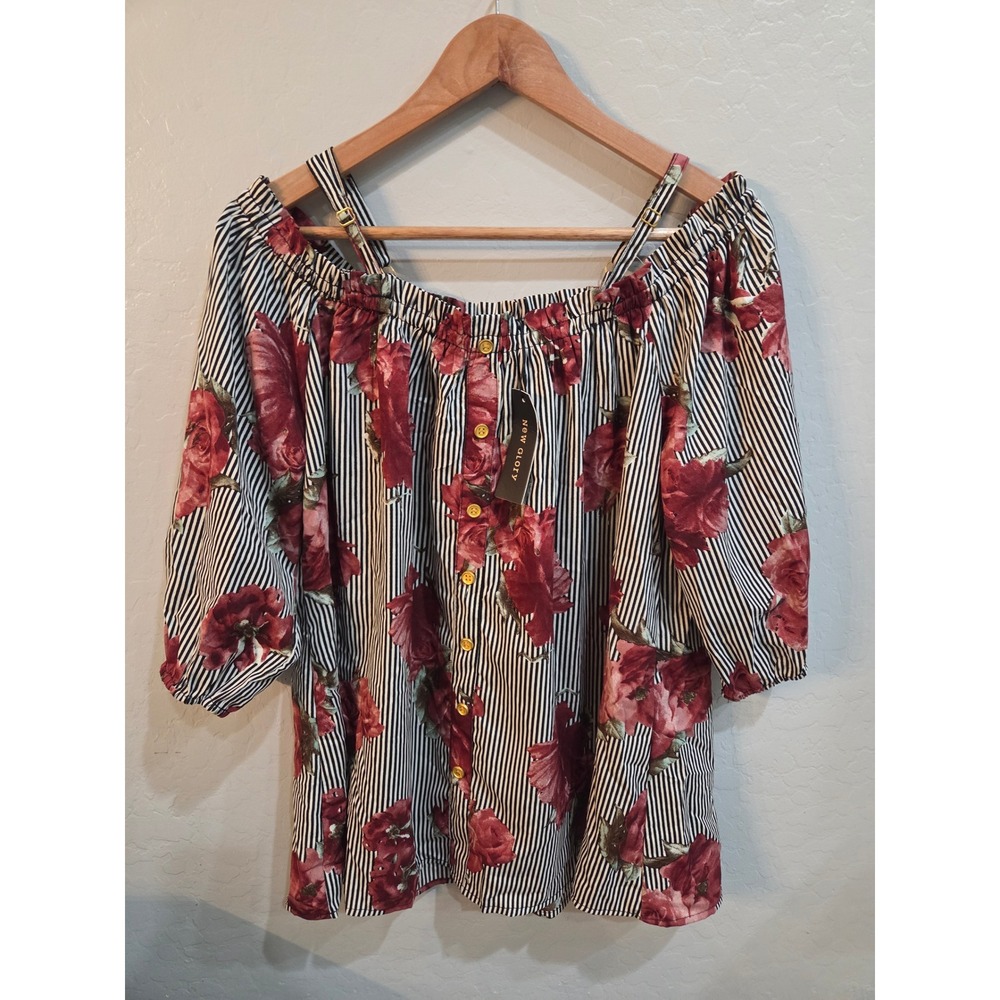 New Glory Floral Stripe Cold Shoulder Top Plus Size 2X Red Rose Button Up Blouse
